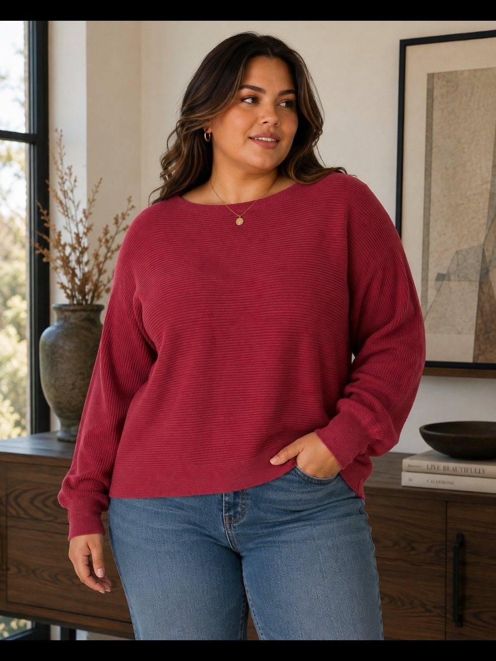 Nine West Ribbed Crewneck Sweater - Raspberry